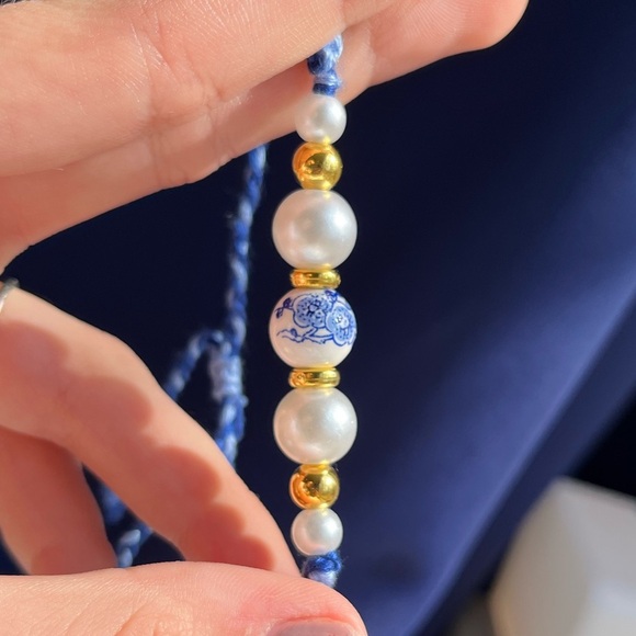 Handmade woven bracelet blue gold adjustable beaded - Picture 2 of 11